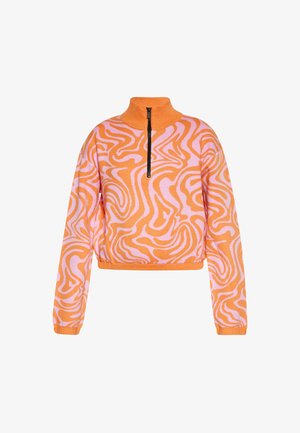 Oranges und rosa gemusterter Pullover mit Reißverschluss, der einen hohen Kragen, lange Ärmel und eine kurze Passform mit wellenförmigem Design aufweist.