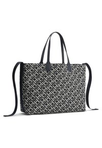 Czarna i szara torba tote w wzór, z dwoma krótkimi uchwytami i dwoma długimi paskami, prostokątny kształt, stojąca pionowo na białym tle.