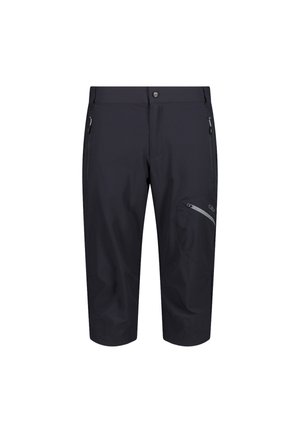 Schwarze knielange Shorts mit Reißverschlusstaschen an den Seiten und einer Reißverschlusstasche am Oberschenkel, entworfen für Outdoor- oder aktive Nutzung.