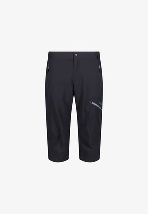 Black knee-length shorts with zippered side pockets and a zippered thigh pocket, designed for outdoor or active wear.