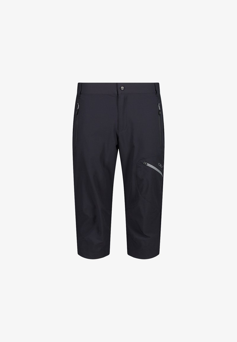 Shorts noirs au genou avec poches latérales zippées et poche cuisse zippée, conçus pour un usage en extérieur ou actif.