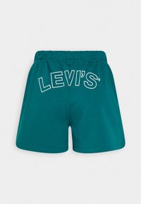 Türkisidest puuvillased lühikesed püksid, millel on elastne vöökoht ja valge "LEVI'S" logo trükitud tagaküljel. Omab lihtsat, sirget lõiget ja pehmet tekstuuri.