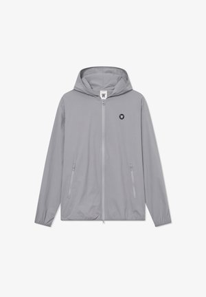 Light gray jacket with a hood, zipper front, two side pockets, and a small black logo on the chest. Made of smooth, lightweight fabric.