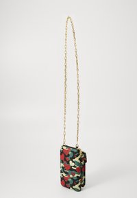 Camouflage crossbody bag featuring a heart pattern in red and cream, with a gold chain strap and a zipper closure. Smooth fabric texture.