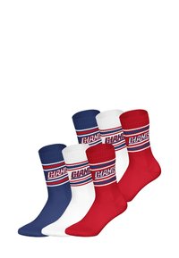 Zestaw trzech skarpetek za kostkę w kolorach granatowym, białym i czerwonym. Każda ma ściągacz z wyraźnym logo "GIAN" i poziome paski. Wykonane z bawełnianej mieszanki.