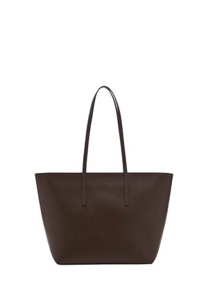 Sac cabas en cuir marron foncé avec deux longues anses, forme rectangulaire et texture simple et lisse.