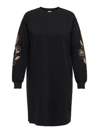 Mustast puuvillast pika varrukaga kleit, millel on varrukatel roosad ja kollased lillemustrid, ümara kaelusega ja külgede lõhikuga.