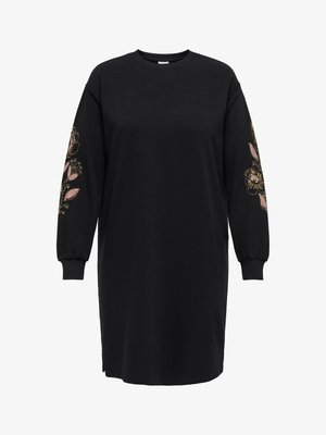 Fekete, hosszú ujjú pamut ruha, rózsaszín és sárga virágos hímzéssel az ujjakon, lekerekített nyakkivágással és oldalsó hasítékokkal.