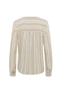 Langærmet bluse i creme med beige lodrette striber. Har en plisseret ryg og indsamlede manchetter. Blødt, letvægtsstof.