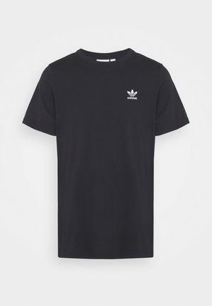 Black short-sleeve Adidas T-shirt with crew neck and small white Adidas logo on the left chest.