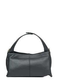 Czarna skórzana torebka o teksturowanej powierzchni, zaokrąglonych uchwytach i subtelnym przeszyciu. Kompaktowy prostokątny kształt.