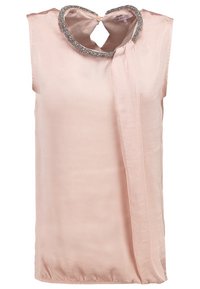 Ärmlös rosa blus med ett pärldekorerat krage, en nyckelhålsöppning bak, och en draperad tygdetalj fram, tillverkad av ett mjukt och lätt material.