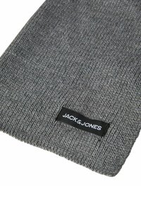 Gray knit beanie with a textured pattern, featuring a black label with white text "JACK & JONES" stitched near the edge.