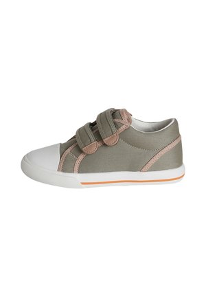Green and pink toddler sneaker with white rubber toe, two Velcro straps, and white sole with orange stripe.