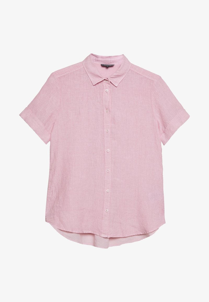 Chemise rose clair à manches courtes avec col et boutons sur le devant, en tissu légèrement texturé et avec un ourlet arrondi.