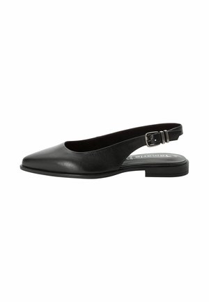 Zwart leren slingback schoen met een puntige neus, minimalistisch ontwerp, verstelbare enkelband en een lage, platte zool.