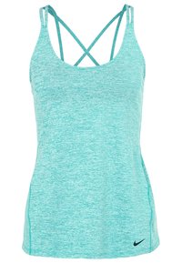 Un débardeur de sport vert d'eau clair en tissu texturé, avec des bretelles croisées et un petit logo noir Nike à l'ourlet.