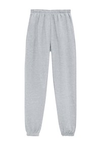 Lichtgrijze trainingsbroek van zacht materiaal, met een elastische tailleband en elastische boorden bij de enkels. Geen zakken of patronen.
