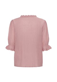 Rosa, leichtes Bluse aus strukturiertem Stoff mit gewelltem Rundhalsausschnitt und Puffärmeln mit Rüschenabschlüssen. Rückansicht angezeigt.