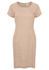 Beige linnedress med korte ærmer, rund halsudskæring, to sidelommer og en knælang kant. Enkel, tætsiddende design med en glat tekstur.