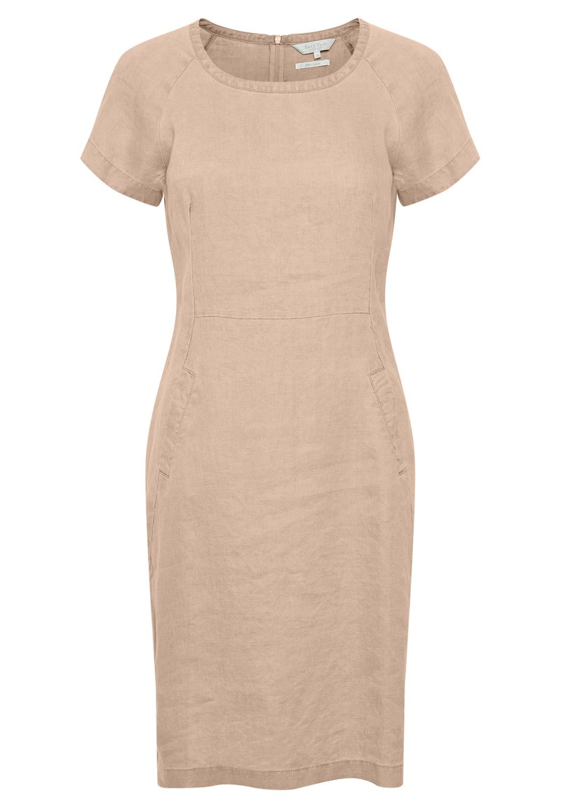 Beige linnedress med korte ærmer, rund halsudskæring, to sidelommer og en knælang kant. Enkel, tætsiddende design med en glat tekstur.