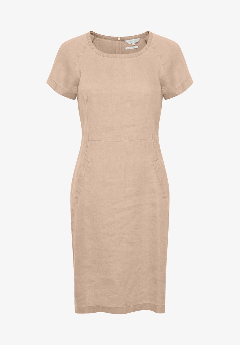 Beige linnedress med korte ærmer, rund halsudskæring, to sidelommer og en knælang kant. Enkel, tætsiddende design med en glat tekstur.
