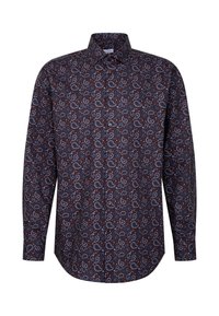 Langarmhemd aus dunkelbraunem Stoff mit Paisley-Muster in Hellblau und Weiß. Klassischer Kragen und gerade Saumgestaltung.