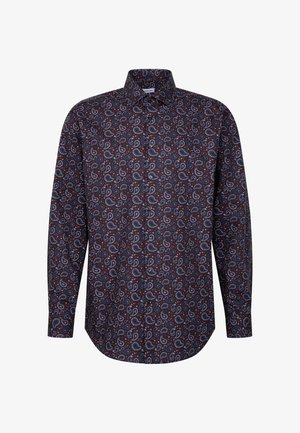 Overhemd met lange mouwen van donkerbruin materiaal met een paisley patroon in lichtblauw en wit. Klassieke kraag en rechte zoom.