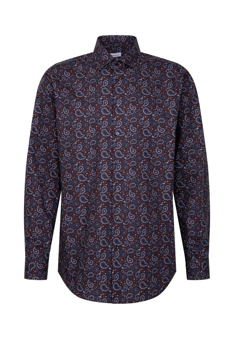 Langarmhemd aus dunkelbraunem Stoff mit Paisley-Muster in Hellblau und Weiß. Klassischer Kragen und gerade Saumgestaltung.
