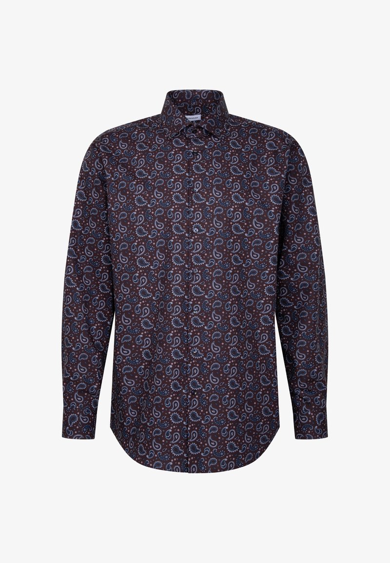 Langarmhemd aus dunkelbraunem Stoff mit Paisley-Muster in Hellblau und Weiß. Klassischer Kragen und gerade Saumgestaltung.