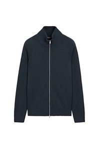 Dunkelblauer Reißverschluss-Pullover mit hohem Kragen, gerippten Ärmeln und Schultern, glatter Körperstruktur und silberner Reißverschluss-Verzierung.