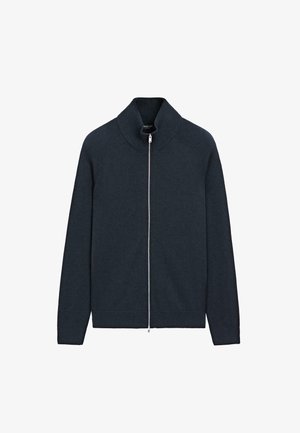 Donkerblauwe sweater met ritssluiting, hoge kraag, geribbelde mouwen en schouders, gladde lichaamstextuur en zilveren ritssluitingdetail.