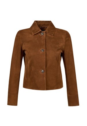 Chaqueta marrón de ante para mujer con mangas largas, cuello puntiagudo y tres botones oscuros en la parte delantera.