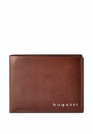 Bruine leren bifold-portemonnee met fijne stiksels en zilveren metalen "bugatti"-logo op de voorkant rechtsonder.