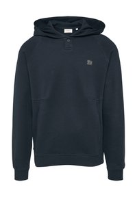 Felpa con cappuccio di un blu navy scuro realizzata in tessuto morbido, con tasca a marsupio, polsini a coste e patta con bottoni a pressione, arricchita da un logo stampato sul petto.