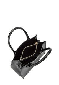 Zwarte leren handtas met twee handvatten, open ontwerp dat een met rits afgesloten binnencompartiment toont met zilverkleurige hardware en een gladde textuur.