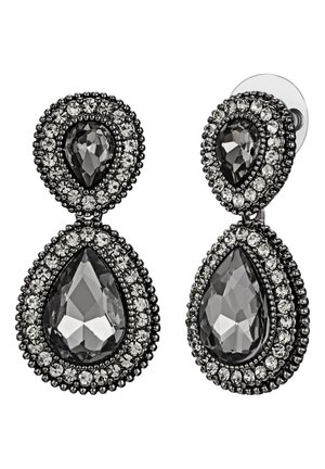 Schwarze Tropfenohrringe mit klaren Rhinestone-Akzenten, mit einer strukturierten Bordüre und Doppelabwurf-Design. Hochglanzfinish auf den Steinen.