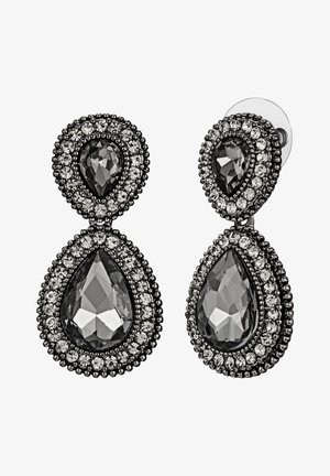 Pendientes en forma de lágrima negra con acentos de rhinestones transparentes, que cuentan con un borde texturizado y un diseño de doble gota. Acabado de alto brillo en las piedras.