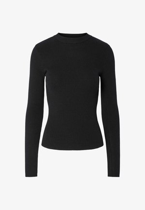 Black ribbed long-sleeve sweater with a round neckline and fitted silhouette, featuring a smooth texture throughout.