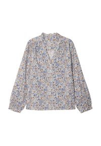Blusa a maniche lunghe in tessuto leggero con un motivo floreale dai toni blu e arancio su uno sfondo chiaro. Scollo a V, vestibilità comoda.