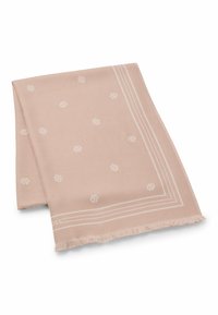 Jasnoróżowy szalik z miękkiego materiału, z delikatnym wzorem logo i białymi paskami wzdłuż krawędzi, z postrzępionymi detalami.