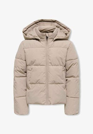 Beige quilted puffer jacket with hood, front zipper, and long sleeves, designed for cold weather.