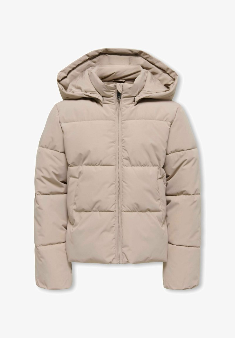 Piumino trapuntato beige con cappuccio, cerniera frontale e maniche lunghe, progettato per il freddo.