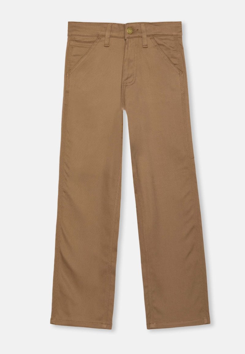 Brown straight-leg pants made of cotton, featuring front pockets, a button closure, and stitching along the seams. Smooth texture.