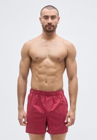 Piros csíkos fürdőnadrág elasztikus derékrésszel, függőleges vonalakkal díszítve a textúra kedvéért. A modellen mezítelen felsőtest látható.