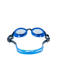 Blå simglasögon med en flexibel svart rem och dubbla blå detaljer, som har klara linser och en slät, böjd design.