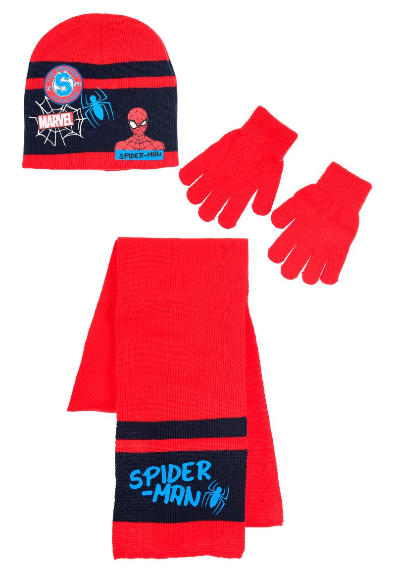 Red knit beanie with navy stripes, featuring Spider-Man graphics; matching red gloves; solid red scarf with a blue "SPIDER-MAN" logo.