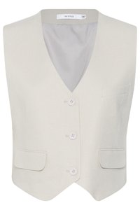 Lichtbeige zonder mouwen vest met een V-hals, voorzien van een enkele zak en drie knoopsluitingen. Glad materiaal met een subtiele textuur.