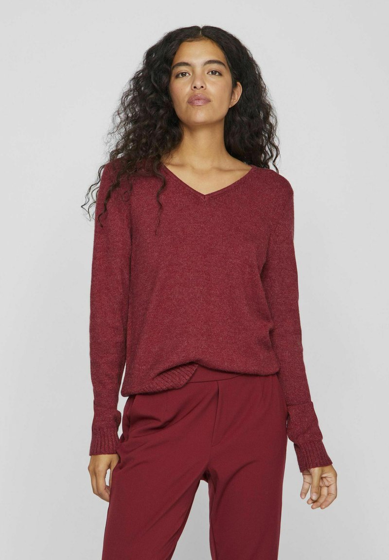VILA VIRIL V-NECK L/S  NOOS - Stickad tröja - cabernet