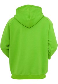 Felpa verde con una texture morbida, tasche a marsupio e un cappuccio ampio. Il design include polsini e orlo a coste.